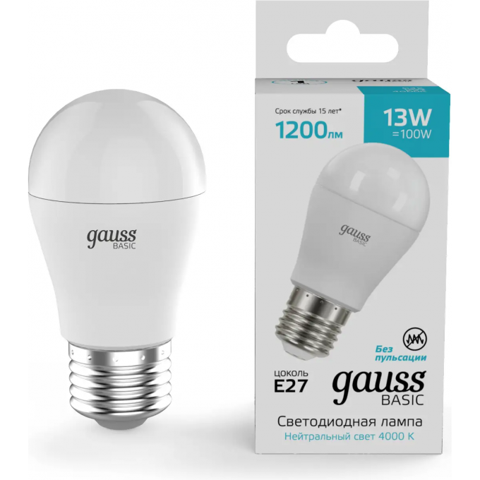 Лампа GAUSS BASIC ШАР 13W 1200lm 4000K E27 LED 1/10/100 10502232 Лампа GAUSS BASIC ШАР 13W 1200lm 4000K E27 LED 1/10/100 10502232
