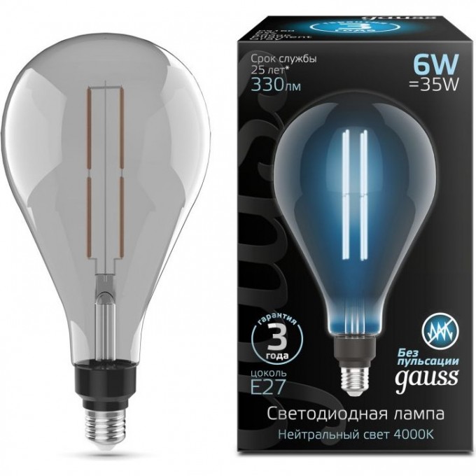 Лампа GAUSS BLACK FILAMENT PS160 6W 330LM 4000К Е27 GRAY STRAIGHT LED 1/6 179802205 Лампа GAUSS BLACK FILAMENT PS160 6W 330LM 4000К Е27 GRAY STRAIGHT LED 1/6 179802205