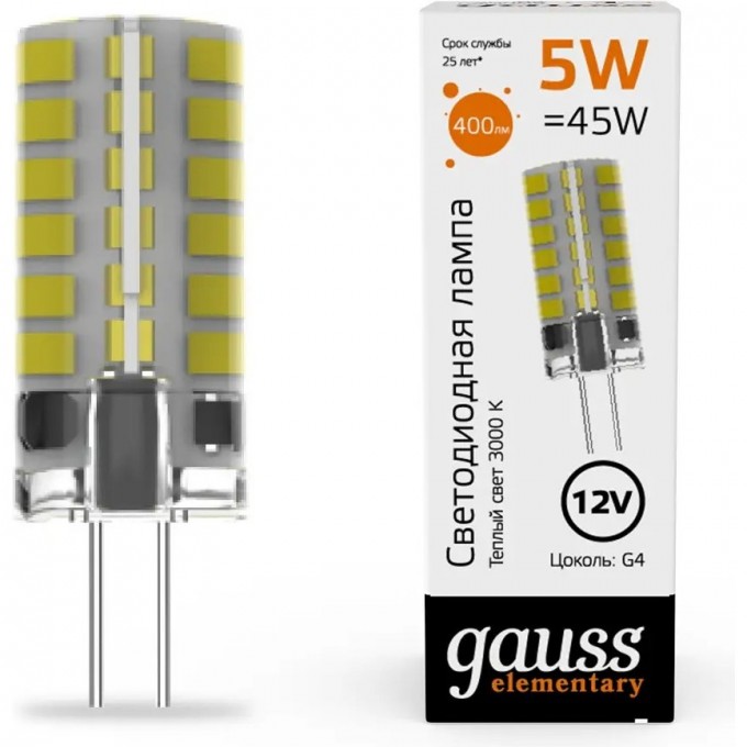 Лампа GAUSS ELEMENTARY G4 12V 5W 400lm 3000K силикон LED 18715 Лампа GAUSS ELEMENTARY G4 12V 5W 400lm 3000K силикон LED 18715