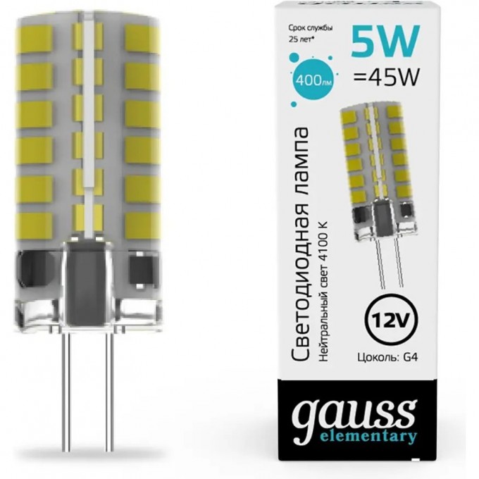 Лампа GAUSS ELEMENTARY G4 12V 5W 400lm 4100K силикон LED 18725 Лампа GAUSS ELEMENTARY G4 12V 5W 400lm 4100K силикон LED 18725