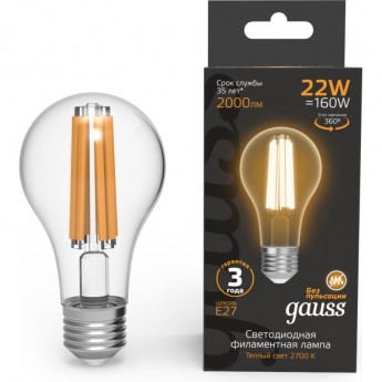 Лампа GAUSS FILAMENT А70 22W 2000lm 2700К Е27 LED Лампа GAUSS FILAMENT А70 22W 2000lm 2700К Е27 LED