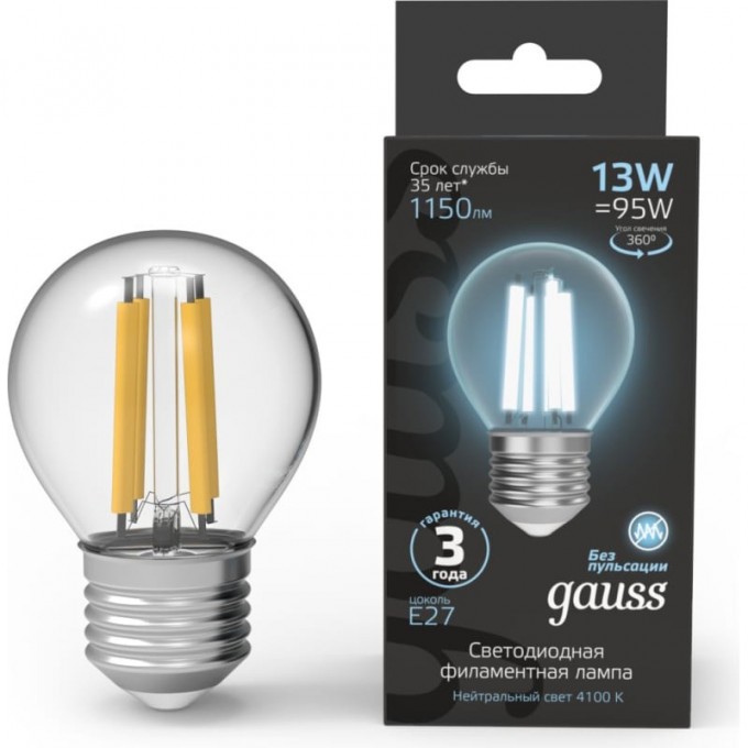 Лампа GAUSS FILAMENT Шар 13W 1150lm 4100К Е27 LED 105802213 Лампа GAUSS FILAMENT Шар 13W 1150lm 4100К Е27 LED 105802213