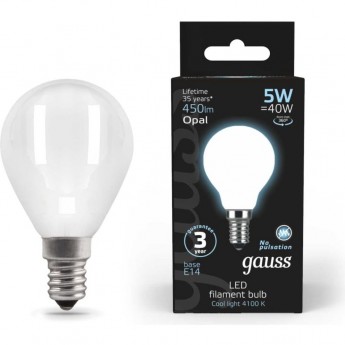 Лампа GAUSS FILAMENT Шар 5W 450lm 4100К Е14 milky LED