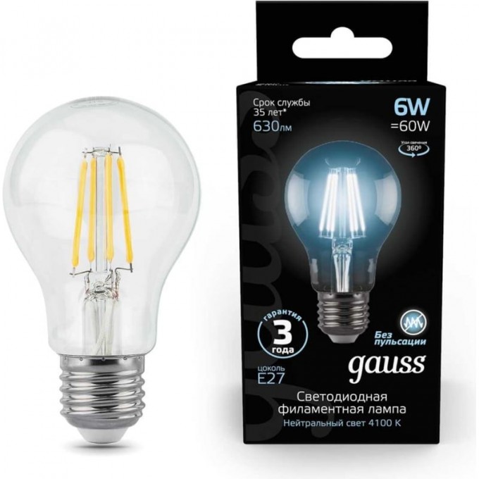 Лампа GAUSS LED BLACK FILAMENT A60 E27 6W 4100К 102802206 Лампа GAUSS LED BLACK FILAMENT A60 E27 6W 4100К 102802206