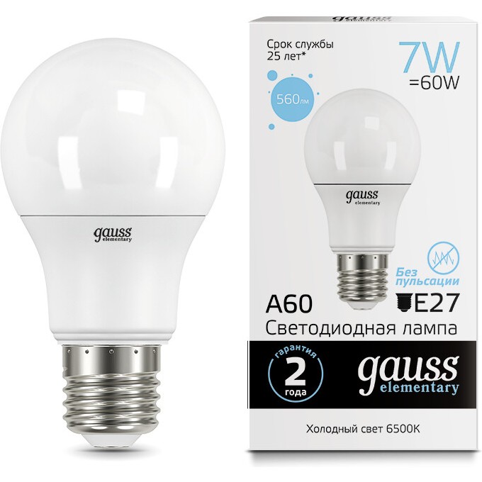 Лампа GAUSS LED ELEMENTARY A60 7W E27 560LM 6500K 1/10/100 23237A Лампа GAUSS LED ELEMENTARY A60 7W E27 560LM 6500K 1/10/100 23237A