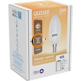 Лампа GAUSS SMART HOME С37 5W 470lm 2700К Е14 диммируемая LED Лампа GAUSS SMART HOME С37 5W 470lm 2700К Е14 диммируемая LED