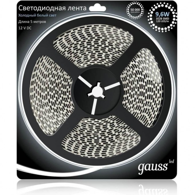 Лента GAUSS LED 2835/120-SMD 9.6W 12V DC холодный белый (блистер 5 м) 312000310 Лента GAUSS LED 2835/120-SMD 9.6W 12V DC холодный белый (блистер 5 м) 312000310