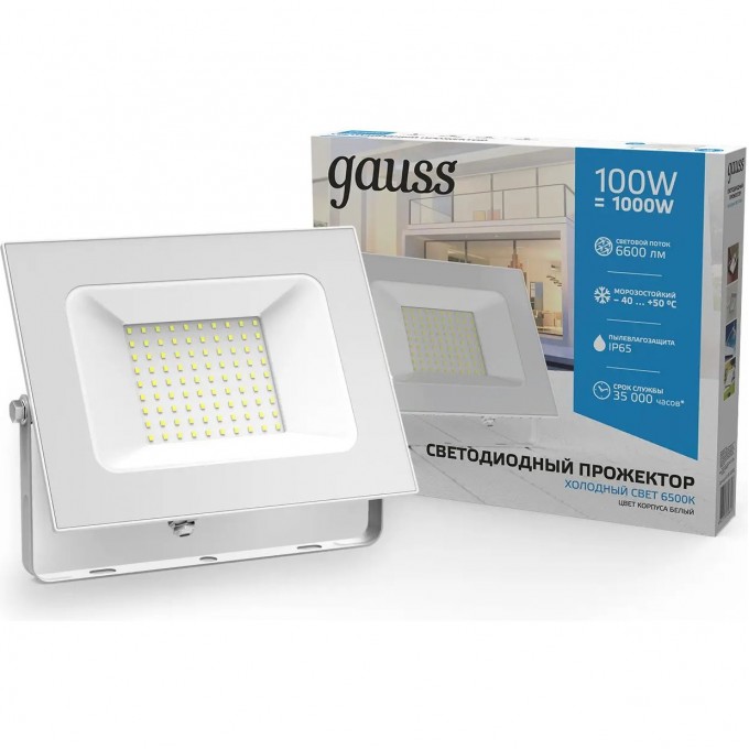 Прожектор GAUSS ELEMENTARY 100W 9500lm 6500K 175-265V IP65 LED 1/10 белый 613120300 Прожектор GAUSS ELEMENTARY 100W 9500lm 6500K 175-265V IP65 LED 1/10 белый 613120300