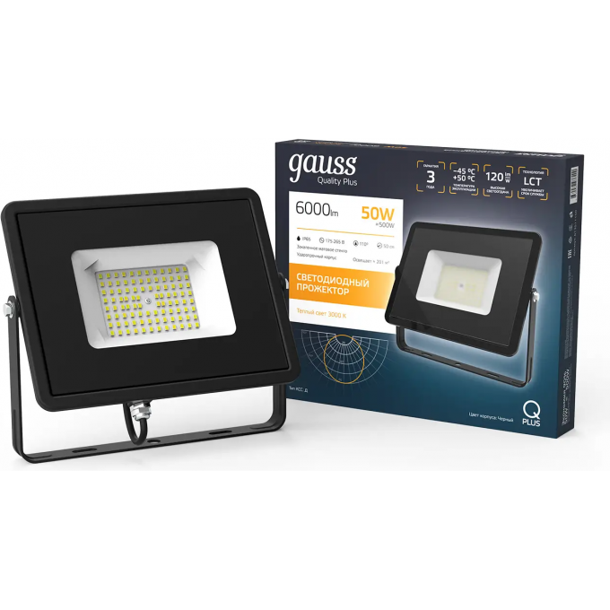 Прожектор GAUSS QPLUS 50W 6000lm 3000K 175-265V IP65 черный 613511150 Прожектор GAUSS QPLUS 50W 6000lm 3000K 175-265V IP65 черный 613511150