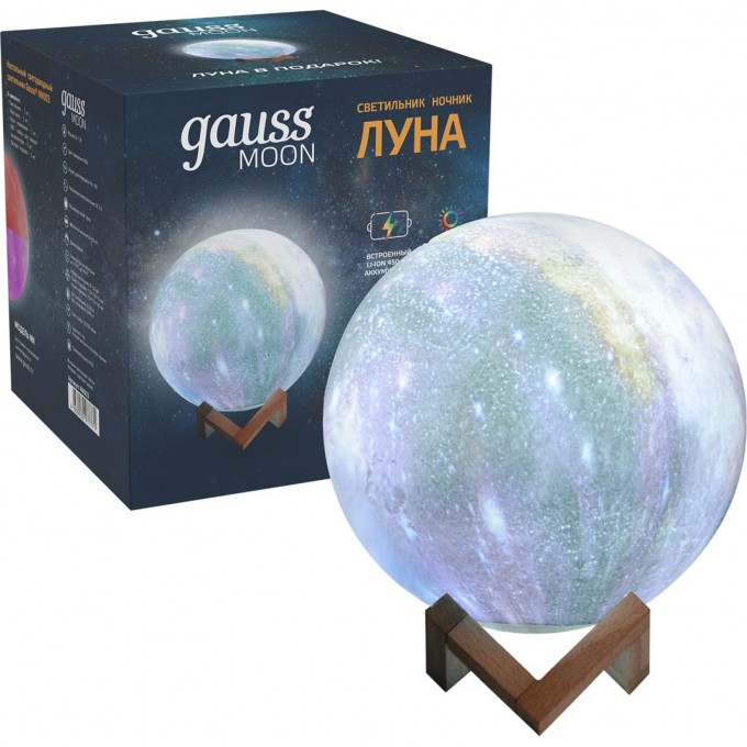 Светильник настольный GAUSS ЛУНА 3D RGB 5V Li-ion 450mA D15см цветной c пультом LED 1/6/12 NN003 Светильник настольный GAUSS ЛУНА 3D RGB 5V Li-ion 450mA D15см цветной c пультом LED 1/6/12 NN003