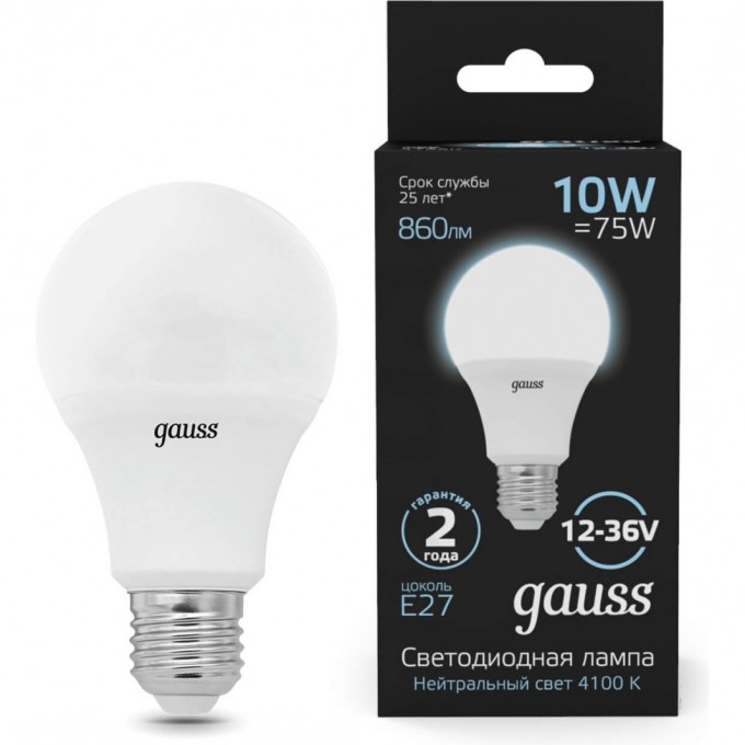 Светодиодная лампа GAUSS A60 AC12-36V 10W 860lm 4100K E27 LED 1/10/100 202502210 Светодиодная лампа GAUSS A60 AC12-36V 10W 860lm 4100K E27 LED 1/10/100 202502210